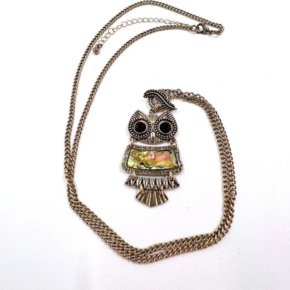 Abalone Inlayed Jointed Owl Pendant Antiqued Gold Tone 30” Chain Necklace - Picture 1 of 7